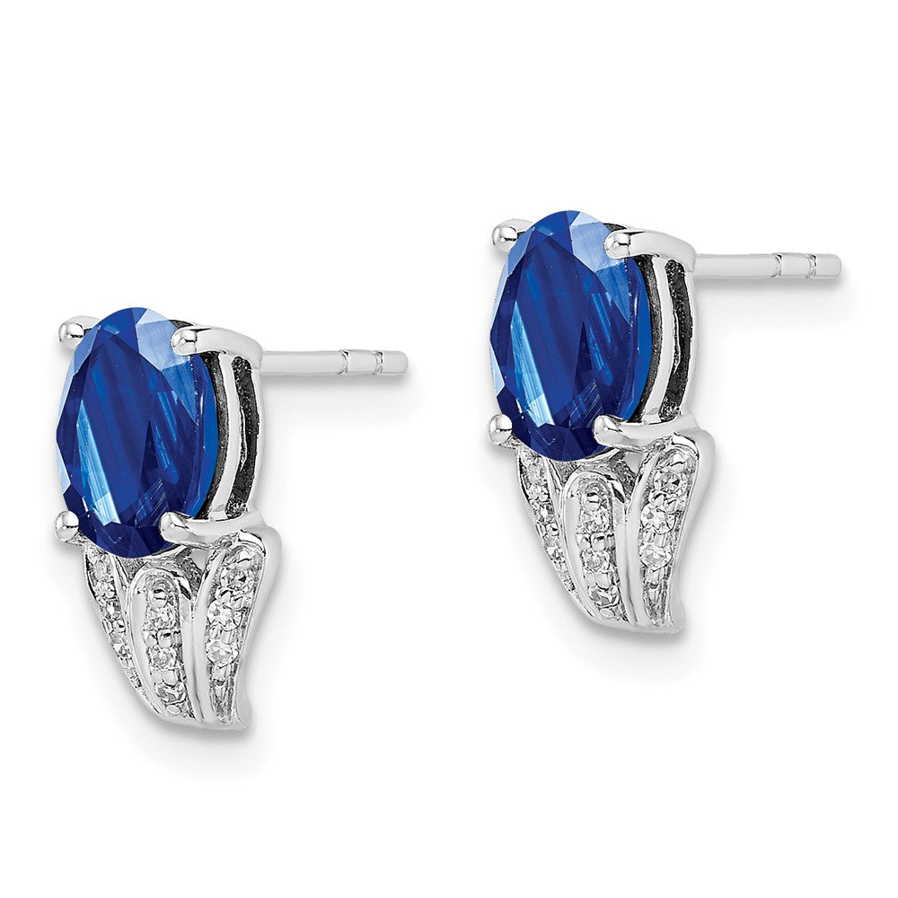 Sterling Silver Rhodium Plated Diamond & Sapphire Oval Post Earrings