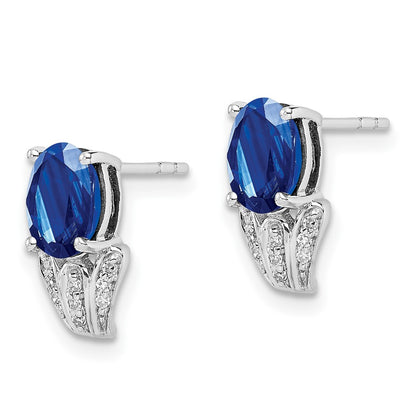 Sterling Silver Rhodium Plated Diamond & Sapphire Oval Post Earrings