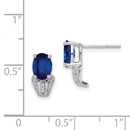 Sterling Silver Rhodium Plated Diamond & Sapphire Oval Post Earrings