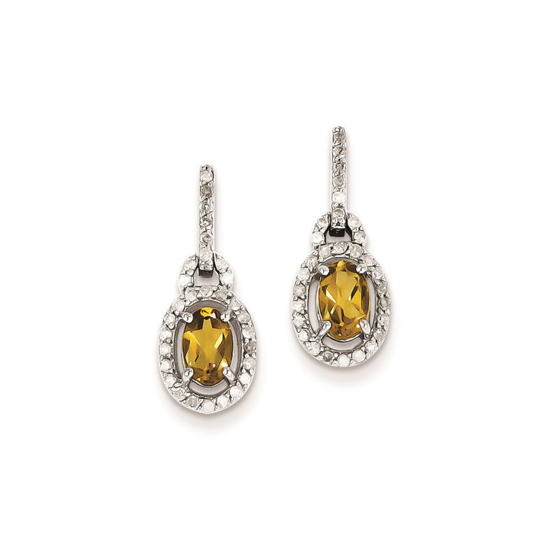 Sterling Silver Diamond & Whiskey Quartz Oval Post Dangle Earrings