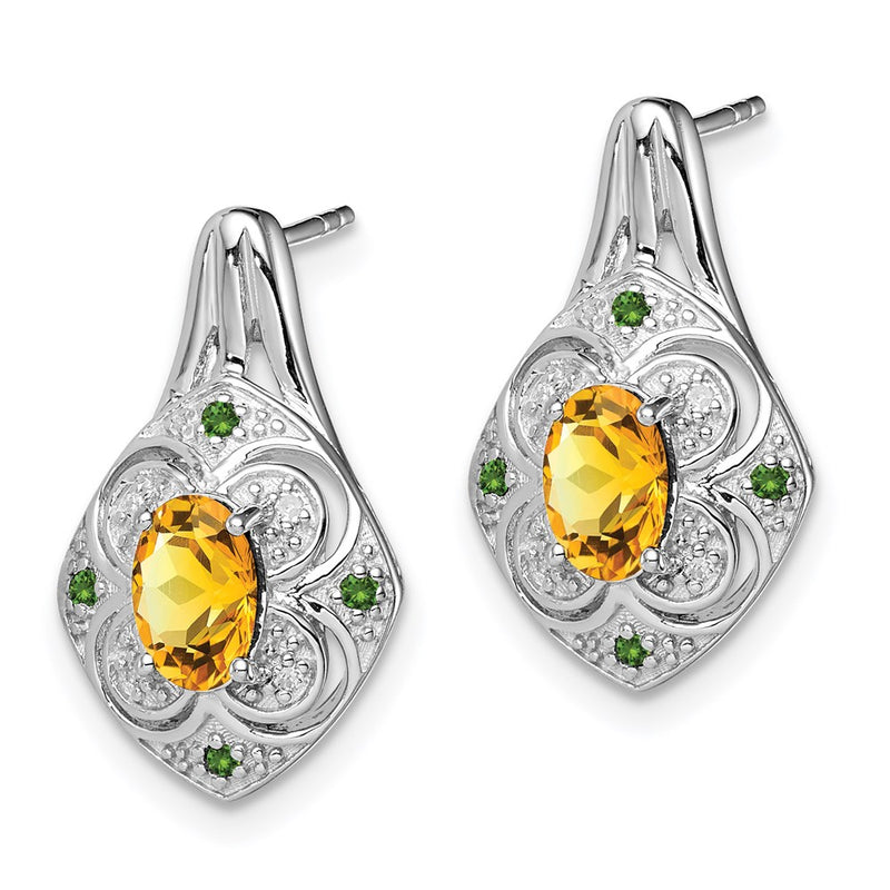 Sterling Silver Rhodium Wht & Green Diamond & Citrine Oval Post Earrings