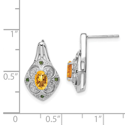Sterling Silver Rhodium Wht & Green Diamond & Citrine Oval Post Earrings