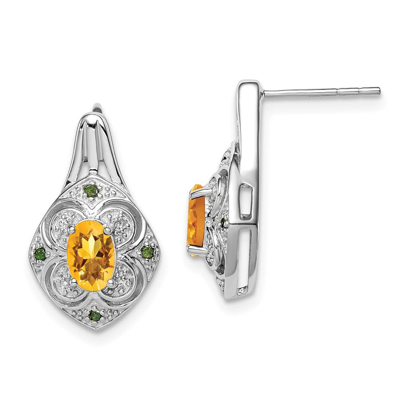 Sterling Silver Rhodium Wht & Green Diamond & Citrine Oval Post Earrings