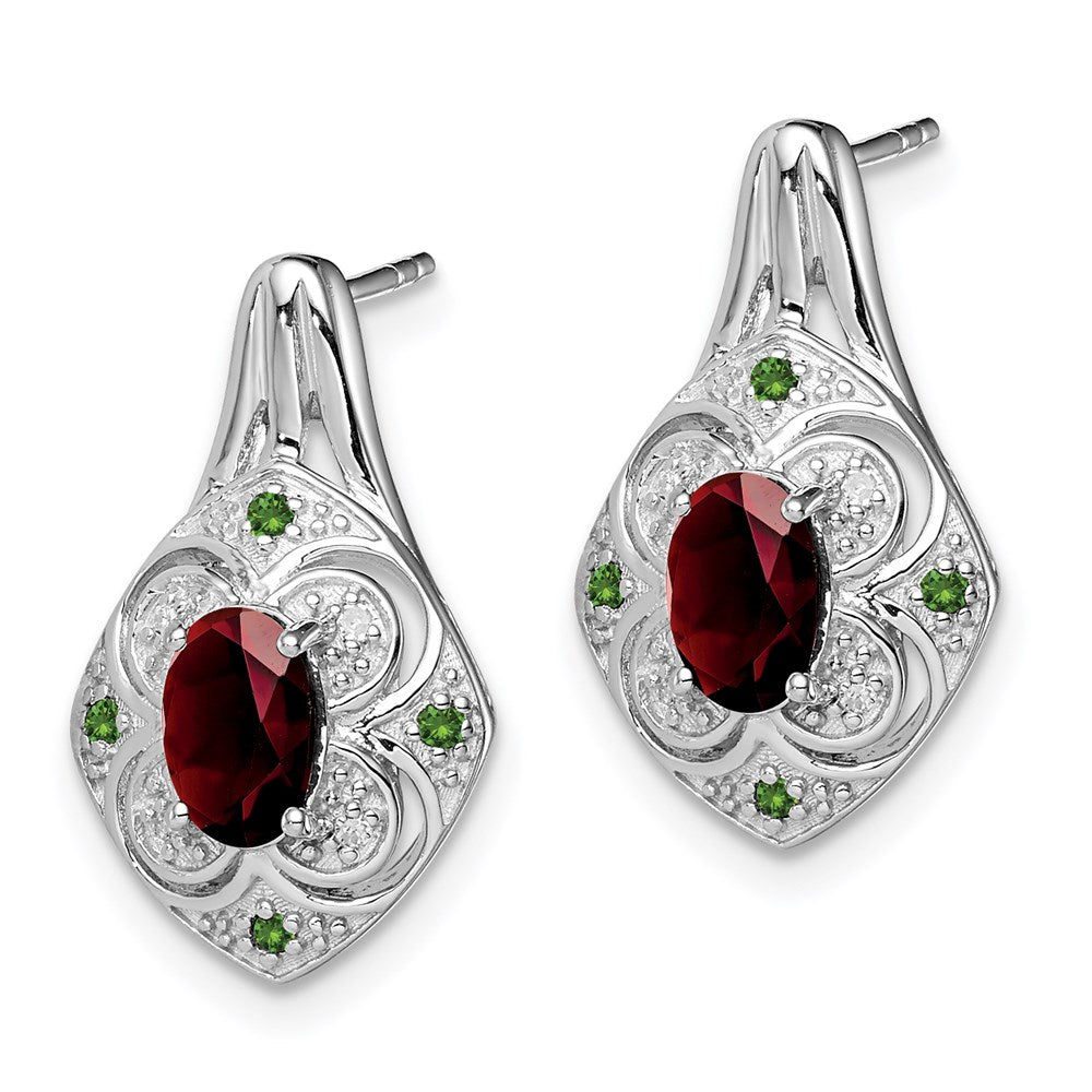 Sterling Silver Rhodium White & Green Dia. & Garnet Oval Post Earrings