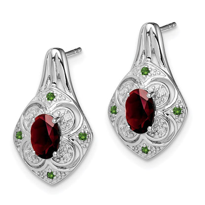 Sterling Silver Rhodium White & Green Dia. & Garnet Oval Post Earrings