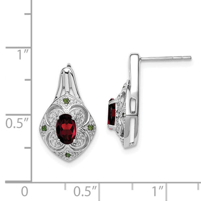 Sterling Silver Rhodium White & Green Dia. & Garnet Oval Post Earrings