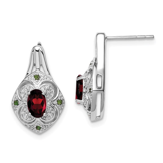 Sterling Silver Rhodium White & Green Dia. & Garnet Oval Post Earrings