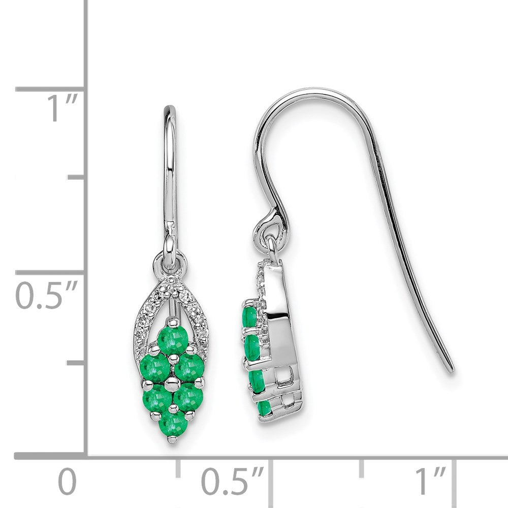 Sterling Silver Rhodium-plated Diamond & Emerald Shepherd Hook Earrings