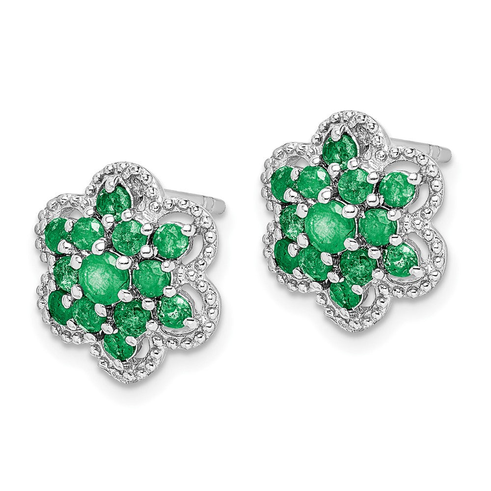 Sterling Silver Rhodium-plated Emerald Flower Post Earrings