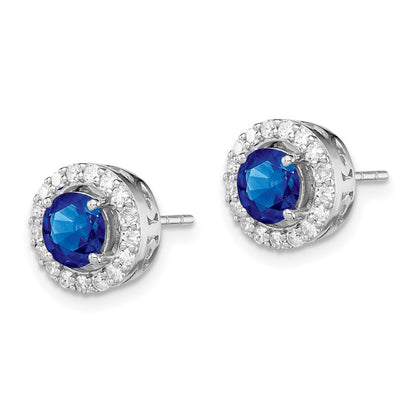 Sterling Silver Rhodium-plated Diamond & Sapphire Circle Post Earrings