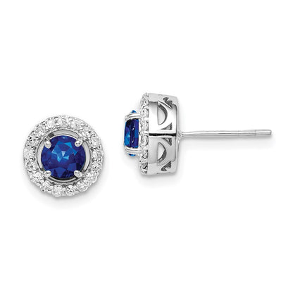 Sterling Silver Rhodium-plated Diamond & Sapphire Circle Post Earrings