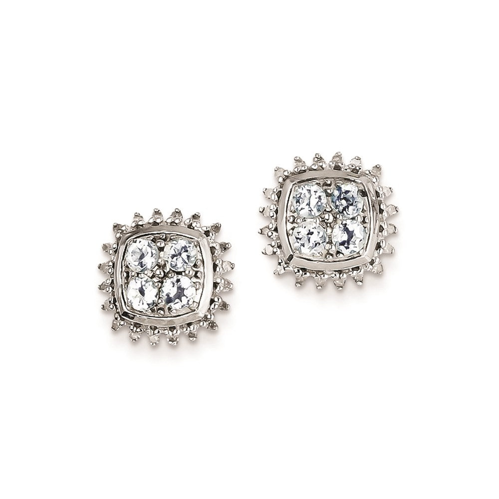 Sterling Silver Rhodium Plated Diamond & Aquamarine Post Earrings