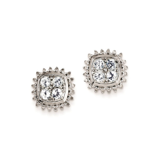 Sterling Silver Rhodium Plated Diamond & Aquamarine Post Earrings