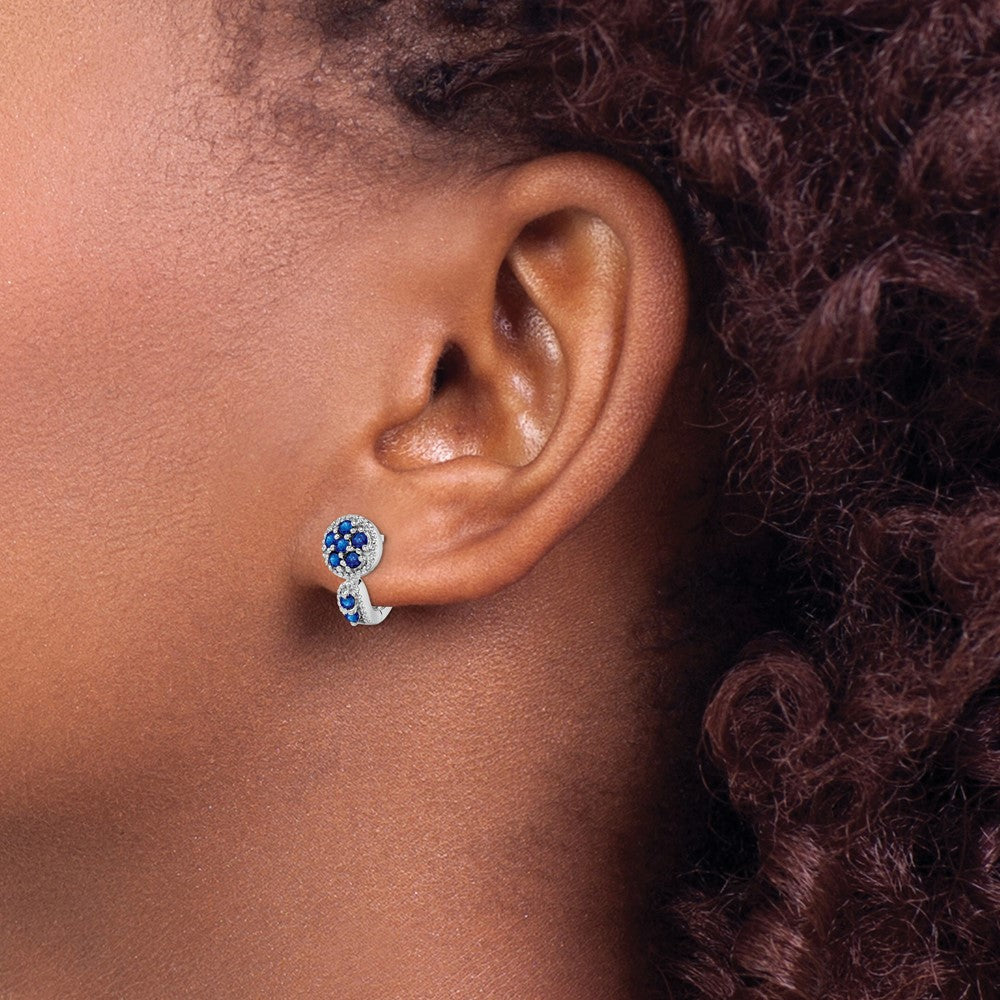 Sterling Silver Rhodium-plated with Sapphire Circle Hinged Earrings