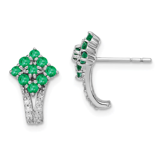 Sterling Silver Rhodium-plated Diamond & Emerald Square Post Earrings