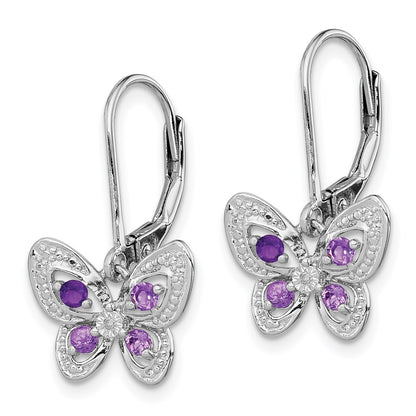 Sterling Silver RH Plated Amethyst Pink Quartz and Dia Butterfly Earrings