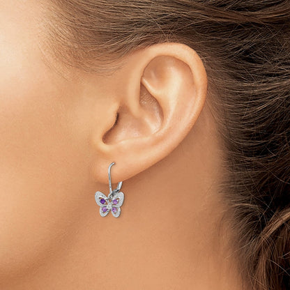Sterling Silver RH Plated Amethyst Pink Quartz and Dia Butterfly Earrings