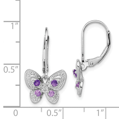 Sterling Silver RH Plated Amethyst Pink Quartz and Dia Butterfly Earrings