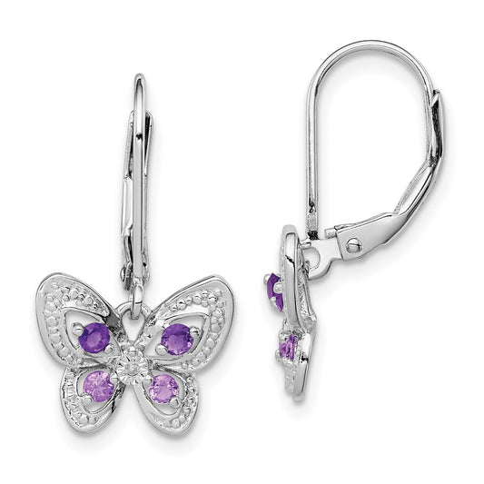 Sterling Silver RH Plated Amethyst Pink Quartz and Dia Butterfly Earrings