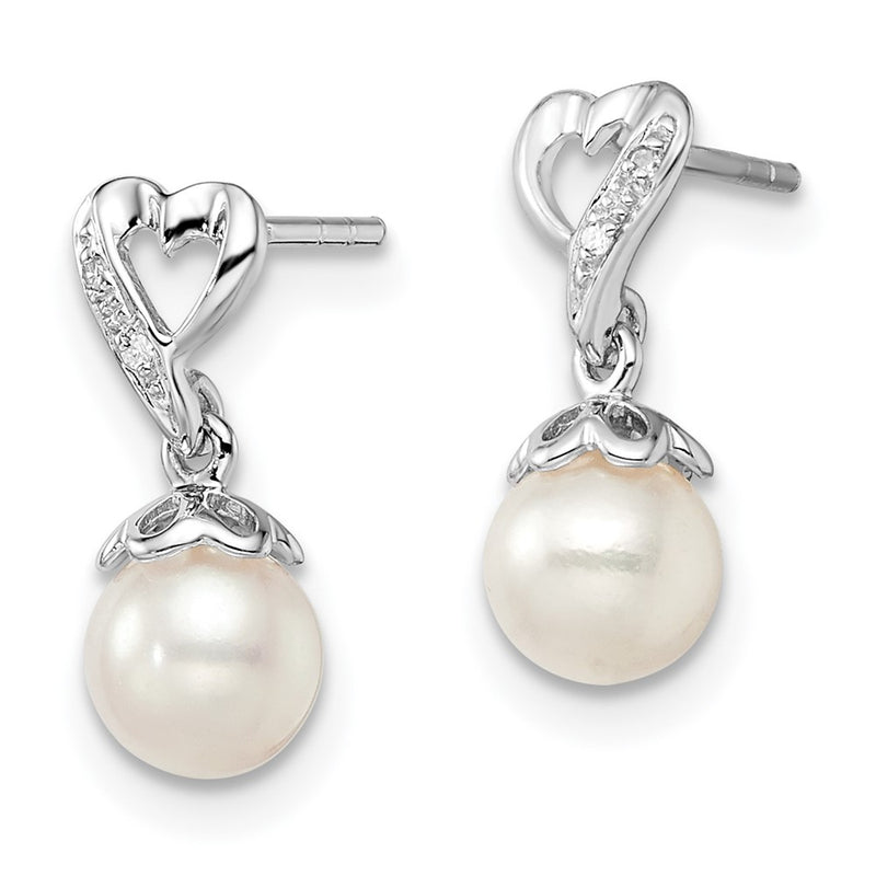 Sterling Silver Rhodium-plated Dia. & FW Cultured Pearl Post Dangle Ear