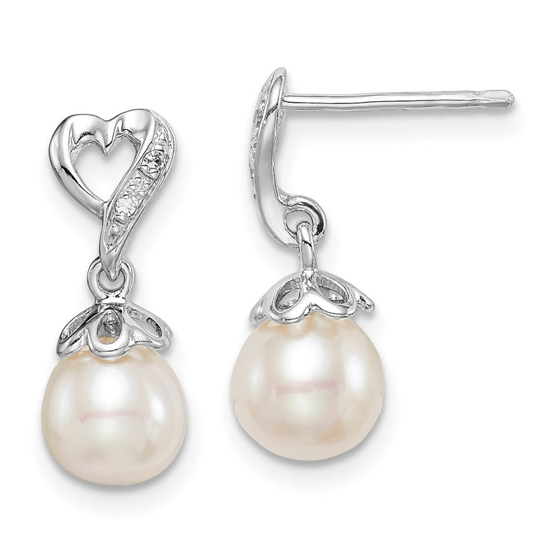 Sterling Silver Rhodium-plated Dia. & FW Cultured Pearl Post Dangle Ear