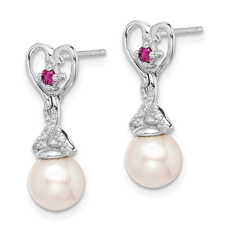 Sterling Silver Rhod Plated Dia. FW Cultured Pearl & Created Ruby Ear