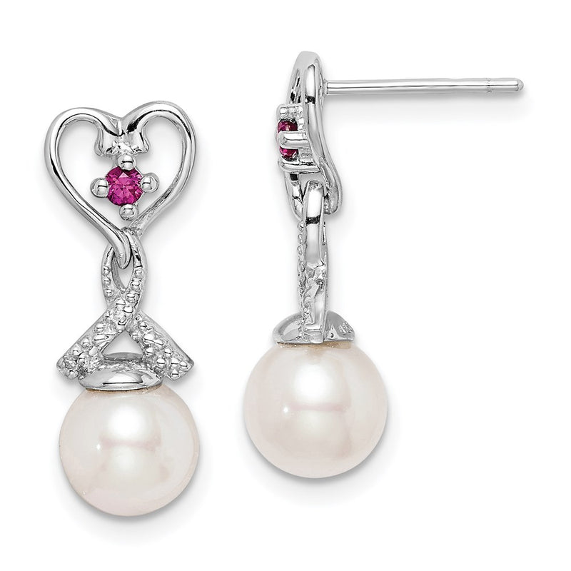Sterling Silver Rhod Plated Dia. FW Cultured Pearl & Created Ruby Ear