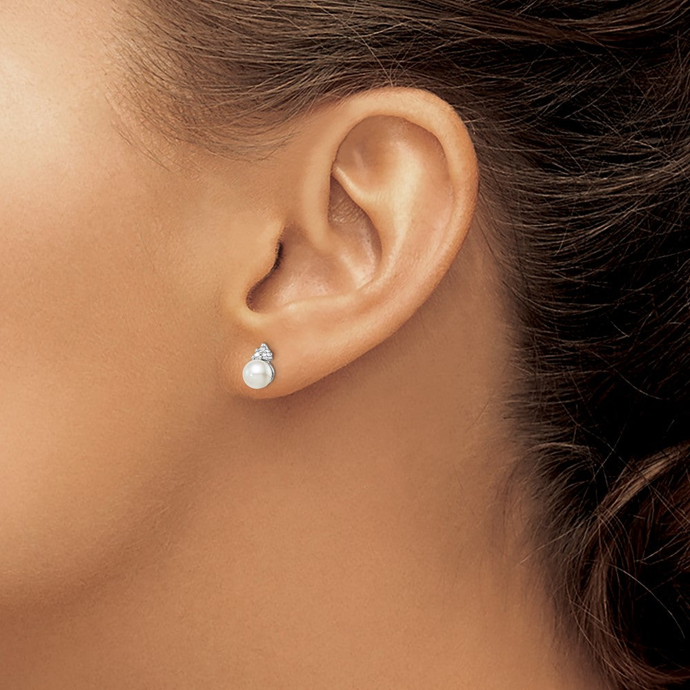 Sterling Silver Rhod Plated Diamond and FW Cultured Pearl Post Ear
