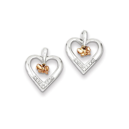Sterling Silver Rhodium 14k Rose Gold Butterfly Diamond Heart Earrings