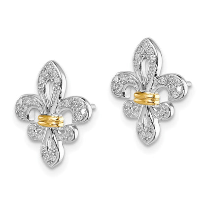 Sterling Silver Rhodium & 14k Yellow Gold Diamond Fleur de Lis Post Earrings