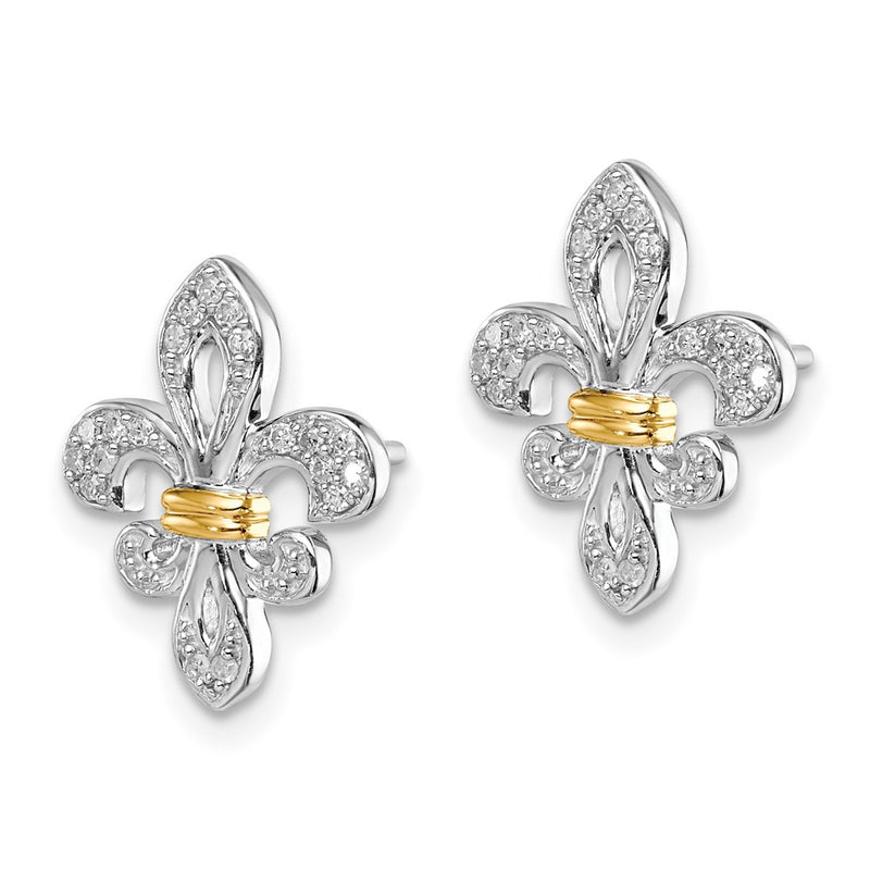 Sterling Silver Rhodium & 14k Yellow Gold Diamond Fleur de Lis Post Earrings