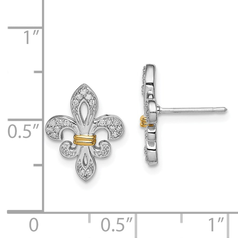 Sterling Silver Rhodium & 14k Yellow Gold Diamond Fleur de Lis Post Earrings