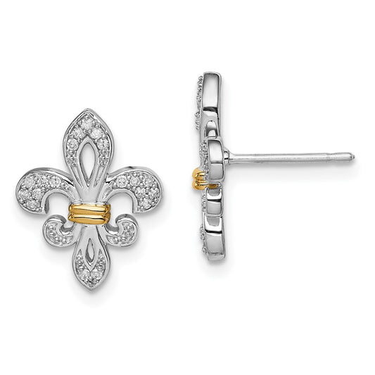 Sterling Silver Rhodium & 14k Yellow Gold Diamond Fleur de Lis Post Earrings