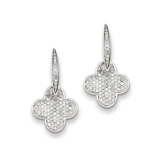 Sterling Silver Diamond Flower Dangle Hinged Hoop Earrings