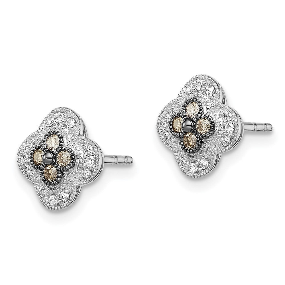White Night Sterling Silver Rhodium-plated Champagne Diamond Small Flower Post Earrings
