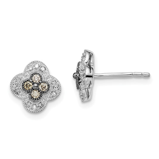 White Night Sterling Silver Rhodium-plated Champagne Diamond Small Flower Post Earrings