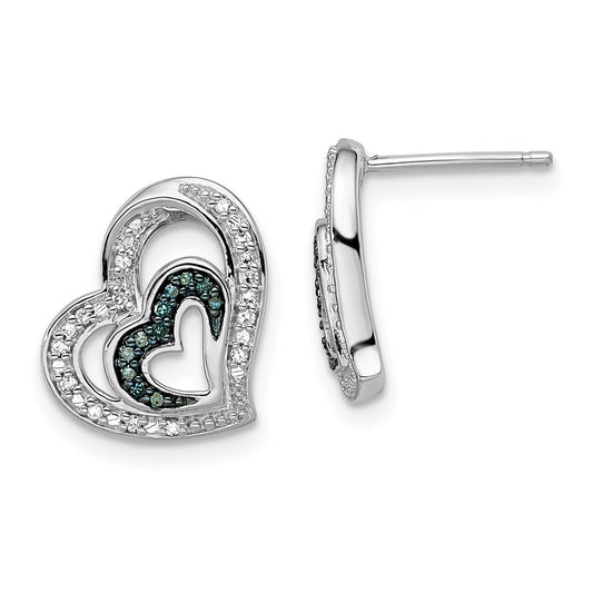 White Night Sterling Silver Rhodium-plated Blue and White Diamond Heart Post Earrings