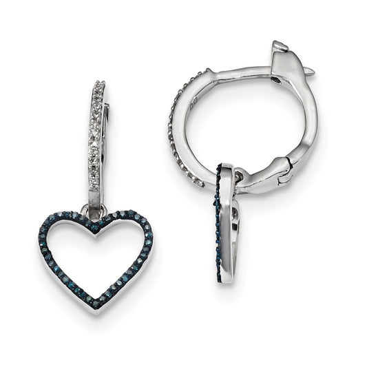 White Night Sterling Silver Rhodium-plated Blue and White Diamond Heart Hinged Hoop Earrings
