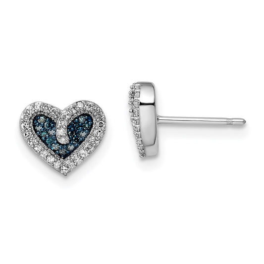 White Night Sterling Silver Rhodium-plated Blue and White Diamond Heart Post Earrings