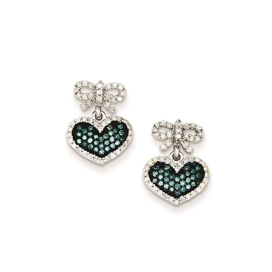 Sterling Silver Blue & White Diamond Heart & Bow Post Earrings