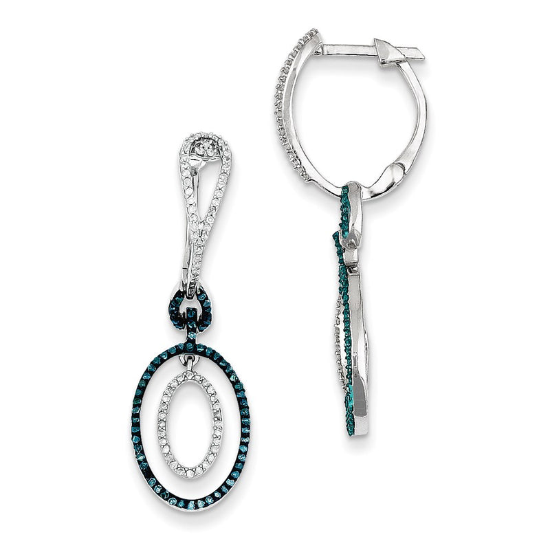Sterling Silver Blue and White Diamond Oval Hinged Hoop Earrings