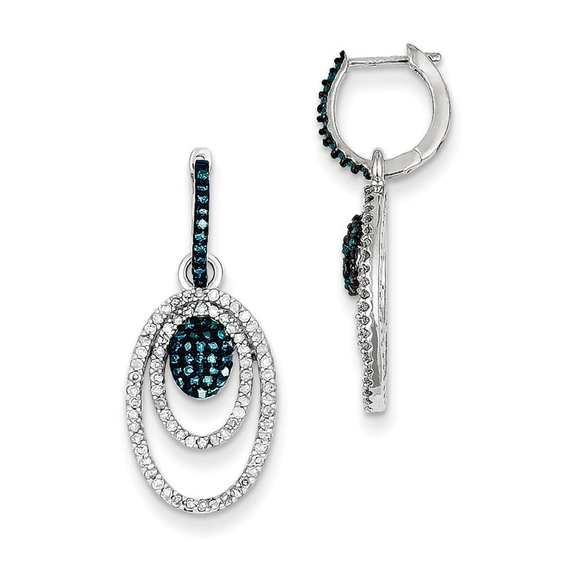 Sterling Silver Rhodium Plated Blue & White Diamond Oval Earrings