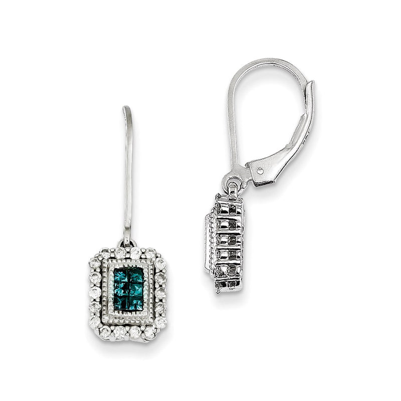 Sterling Silver White & Blue Diamond Leverback Earrings