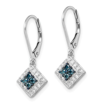 White Night Sterling Silver Rhodium-plated White and Blue Diamond Dangle Leverback Earrings
