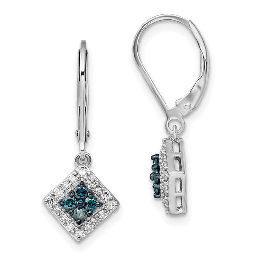 White Night Sterling Silver Rhodium-plated White and Blue Diamond Dangle Leverback Earrings