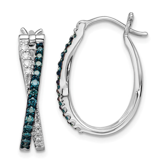 White Night Sterling Silver Rhodium-plated White and Blue Diamond Hinged Hoop Earrings