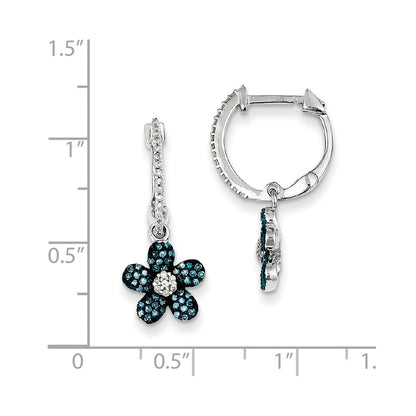 Sterling Silver Blue & White Diamond Flower Hinged Hoop Earrings