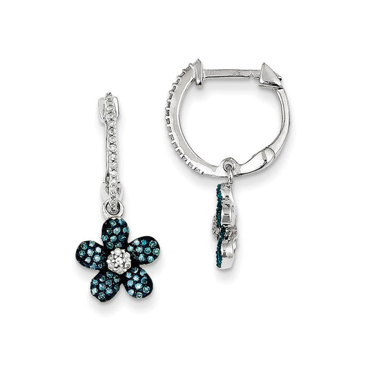 Sterling Silver Blue & White Diamond Flower Hinged Hoop Earrings
