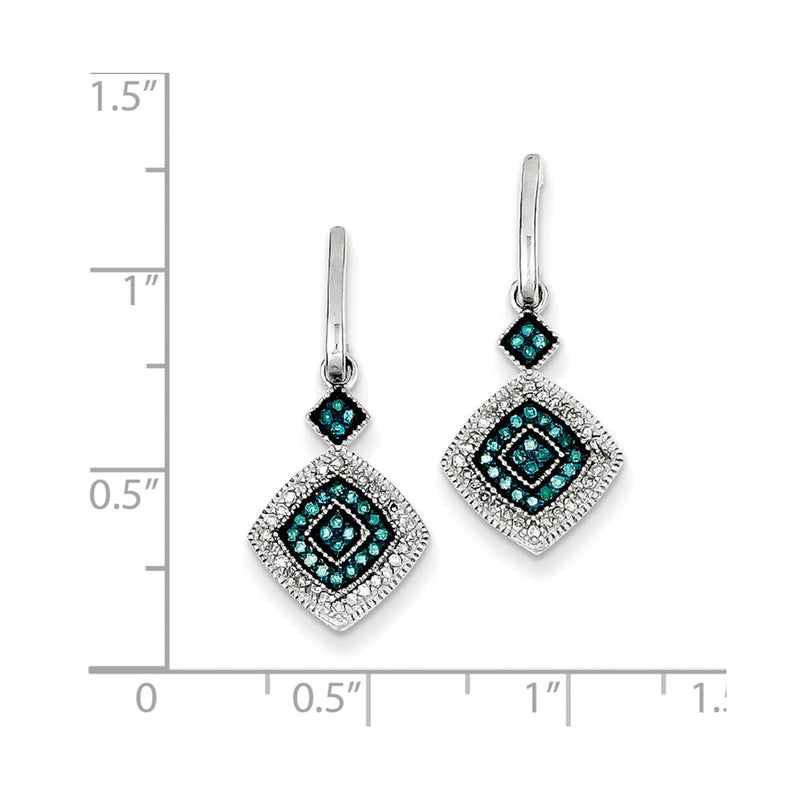 Sterling Silver Rhodium Plated Blue and White Diamond Post Earrings