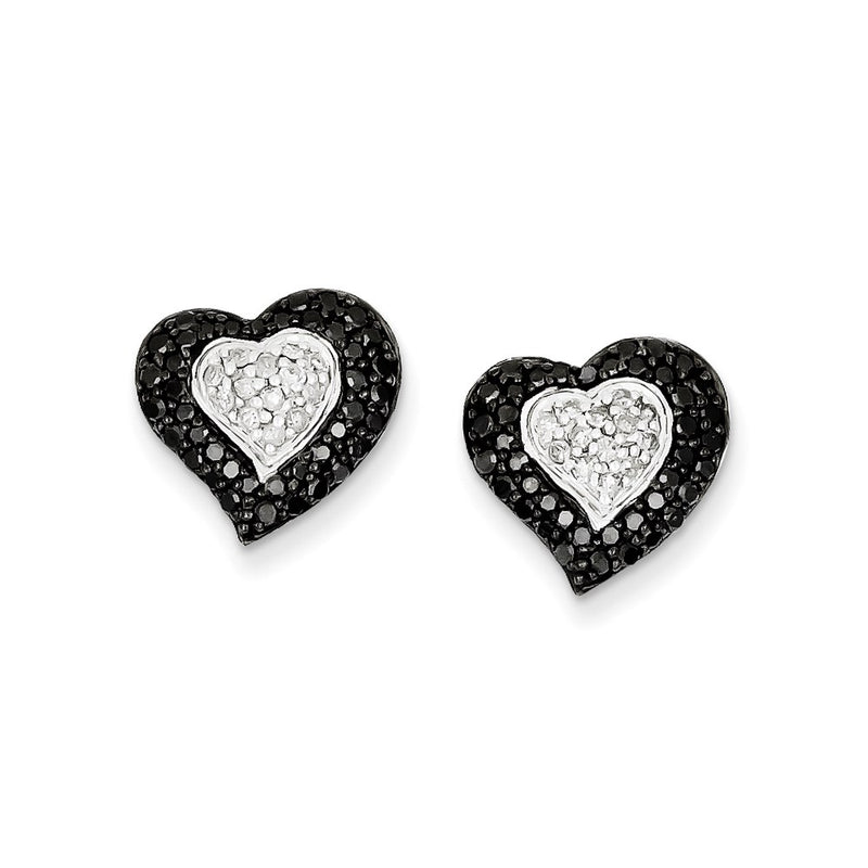 Sterling Silver Rhodium Plated Black & White Diamond Heart Earrings